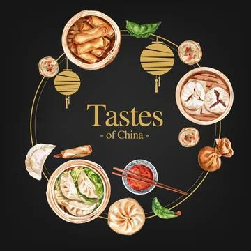 Dim sum wreath design with spring roll watercolor illustration. Stock Illustration