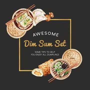 Dim sum wreath design with steamed bun watercolor illustration. Stock Illustration