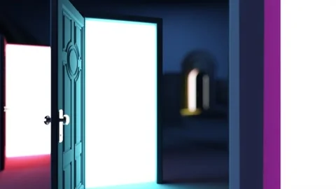 In a dim void, numerous doors glow, beckoning exploration. The central door.. Stock Footage 252397238