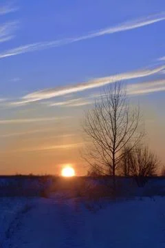 The dim winter sun sets over the horizon on an endless snow-covered field Stock Photos