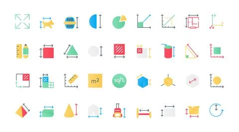 Dimension, area, and measure flat icons set, length, height, and width Ilustración de archivo