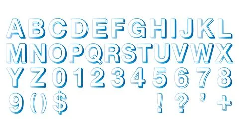 Dimensional blue alphabet characters numbers with letters alongside numerical Ilustração Stock