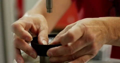 Dimensional Gauge on Spoked Rubber Part, Laboratory Test Bench, Close Up Vídeo Stock 340737192