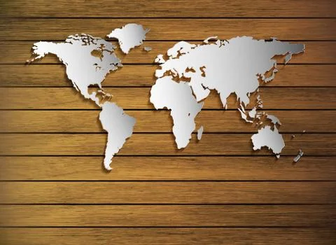 Dimensional World Map On A Wood Texture Stock Illustration