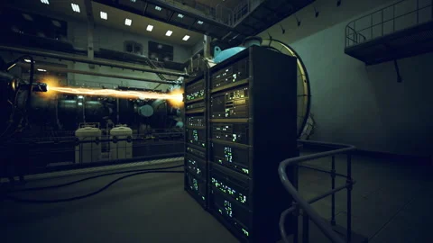 Dimly illuminated server racks with cables in secure room atmosphere Stock Footage 340351935