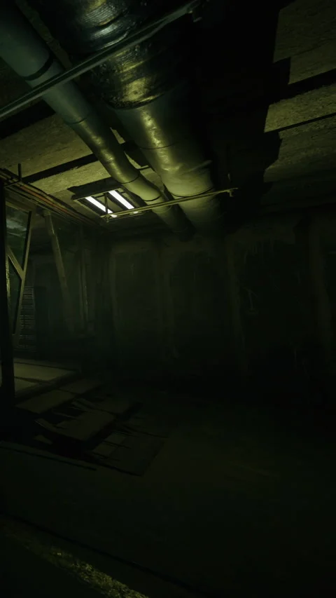 Dimly lit basement with exposed pipes and wooden supports at night Stock Footage 339952612