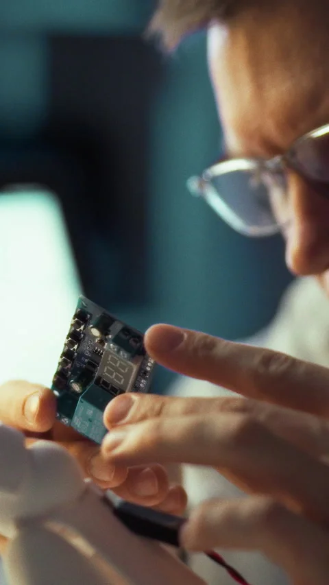 In a dimly lit cluttered tech lab a focused technician meticulously assemble Stock Footage 331600126