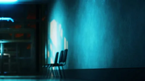 Dimly lit corridor with blue light in an empty building at night Video stock 345001064