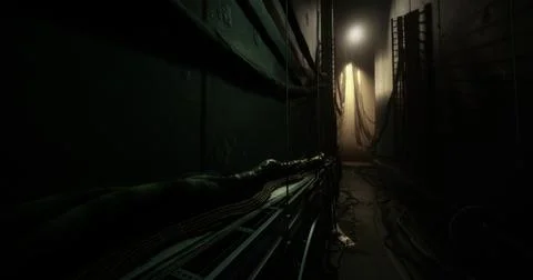 Dimly lit corridor with cables in a dark industrial space during evening Illustrazione stock