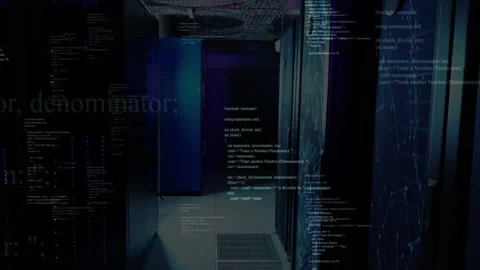 Dimly lit data center corridor until frame two fading and scrolling code Stock Footage 312915998