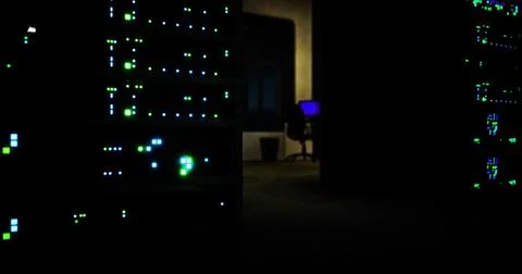 Dimly lit data center showcasing glowing server lights and workstation Stock Illustration