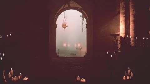 Dimly lit gothic temple flickering candles Stock Illustration