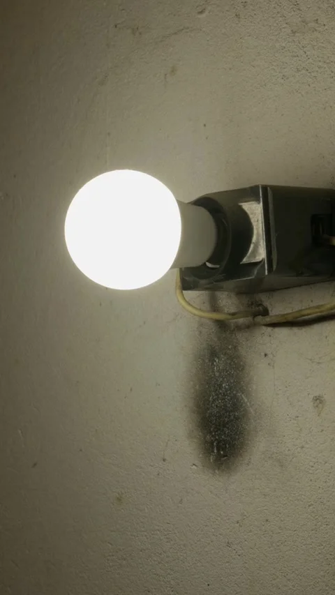 Dimly Lit Incandescent Light Bulb Against a Dark Textured Wall Vídeos de archivo 335639187