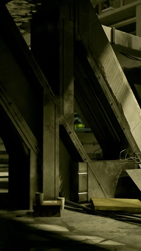 Dimly lit industrial corridor with sharp architectural lines and shadows Stock Footage 310262357