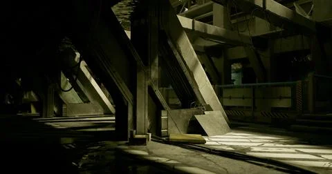 Dimly lit industrial corridor with sharp architectural lines and shadows Illustrazione stock