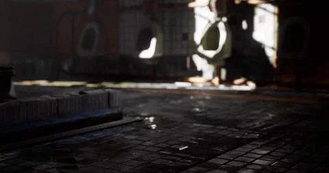 Dimly lit industrial space with reflections on wet floor during afternoon Stock Illustration