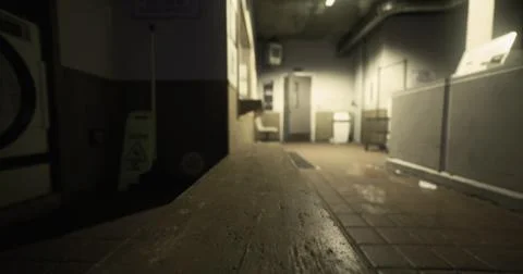 Dimly lit laundromat interior with empty chairs and cleaning signs in view Ilustración de archivo
