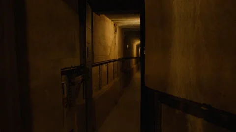 A dimly lit narrow underground corridor with concrete walls. Underground bunker Stock Footage 301029577