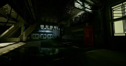 Dimly lit passage with warning signs and tense environment suggesting urgency Stock Footage 333560073