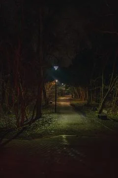 Dimly Lit Pathway Through a Quiet Urban Park at Night in Gdansk Foto stock