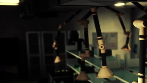 In a dimly lit room, lights are suspended from the ceiling Stock Footage 344994208