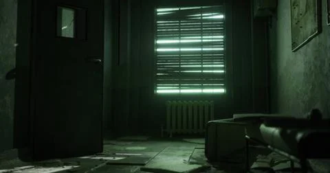 Dimly lit room with slatted window, showcasing abandoned furniture and shadow Ilustración de archivo