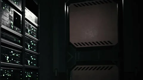 Dimly Lit Server Room With Glowing Screens and High Tech Gear Stock Footage 348721855