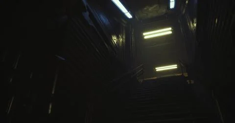 Dimly lit staircase with bright lights at the top in an urban setting Ilustración de archivo
