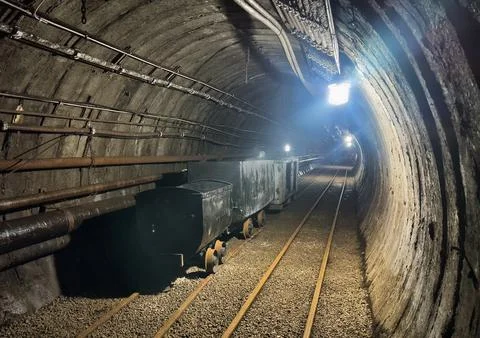 A dimly lit tunnel features a worn wooden walkway and rusty railroad tracks.. 库存照片