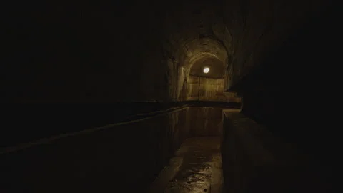 A dimly lit underground passage with an arched ceiling, reflective puddles Vídeos de archivo 301030152