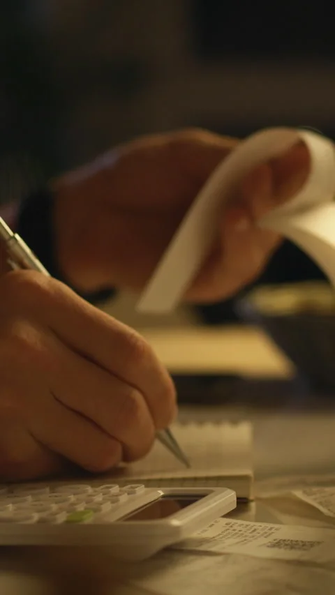 In dimly lit workspace individual diligently sorts receipts uses calculator Stock Footage 331601095