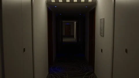 Dimming lights gradually washing over empty hotel hallway, creating haunting Stock Footage 306701301