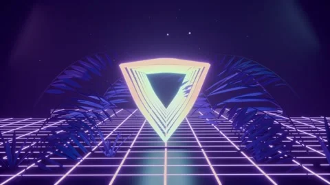 Dimming neon triangle stacking nested outlines above purple grid, flanking palms Stock Footage 344173796