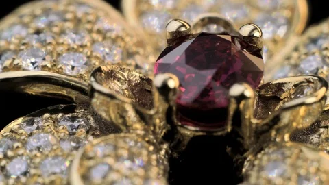 Dimond ring with Ruby in gold jewelry Stock Footage 93762416