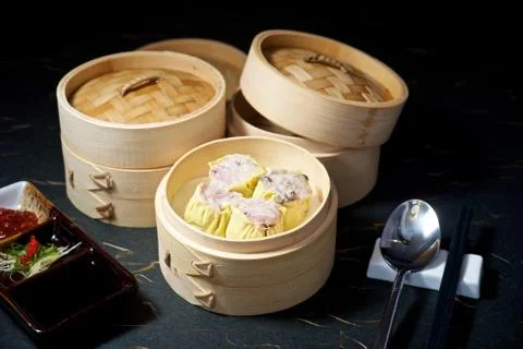 Dimsum set in bamboo container Stock Photos