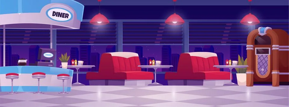 Diner cafe interior, vector illustration of red sofa with table, bar counte.. 스톡 일러스트