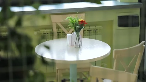 Diner, cafe tables, milky camel colors, view through leafs 2 Stock Footage 245434329