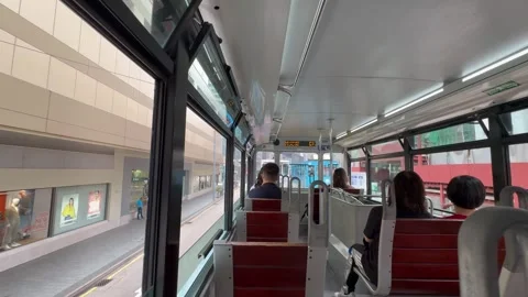 Ding Ding double deck tram ride in Hong Kong. Shot from back seat Stock Footage 273190015