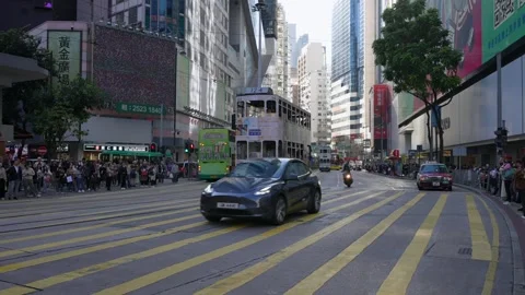 Ding Ding tram and traffic in Hong Kong, China Stock Footage 322779737