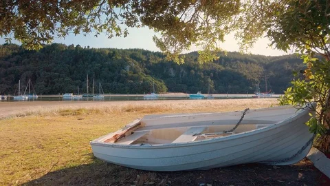 A dinghy pulled up on the shoreline Stock-Footage 126731529