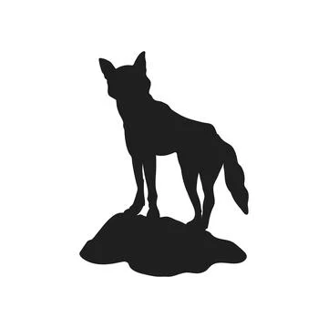 Dingo on rock black silhouette. Isolated australian dog. Young wolf on hill Stock Illustration