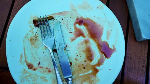 Dining Aftermath of Empty Plate with Meal Residue. Plate leftovers, finishe.. Stock Footage 256174311