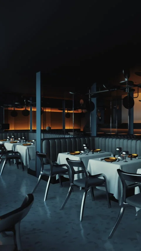 Dining area in a modern restaurant with empty tables and shadows Stock Footage 338383396