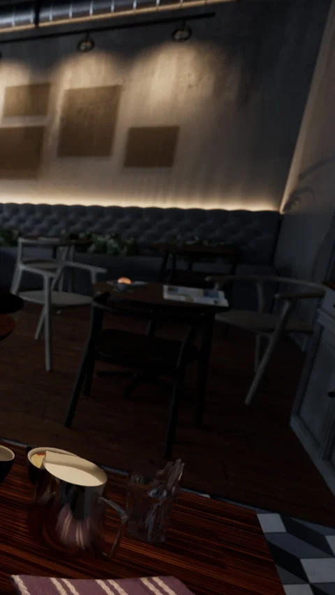 Dining area in a restaurant with empty tables and soft lighting during evening Stock Footage 340646221