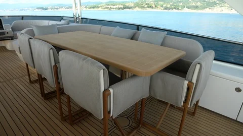 Dining area on the upper deck of a yacht. Stock Footage 124249440