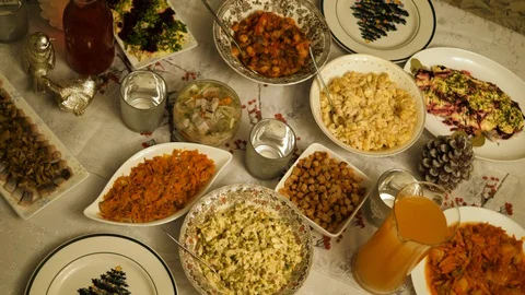 Dining Christmas table dinner served. Homemade food family house. Festive decor  Stock-Footage 129042288