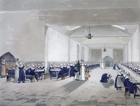 Dining Hall, Asylum.  The asylum in Lambeth.  Circa 1808.  After a work by Augus Stock Illustration