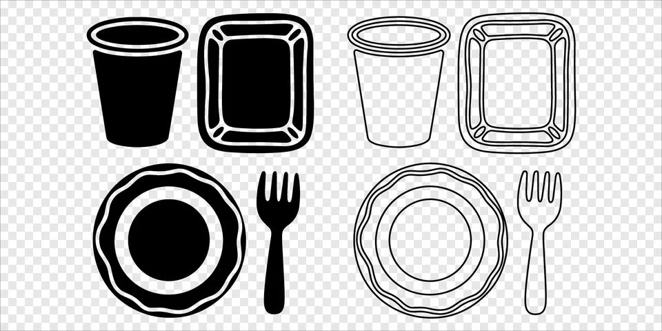 Dining items with plates and cups Silhouette and Outline Stock Illustration