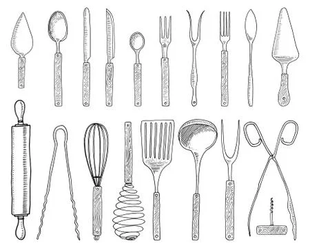 Dining or snack fork for oysters, ice cream spoon and knife for dessert or Stock Illustration
