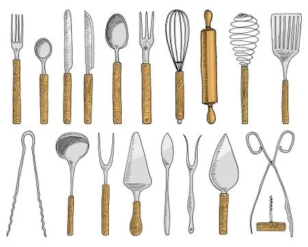 Dining or snack fork for oysters, ice cream spoon and knife for dessert or Stock Illustration